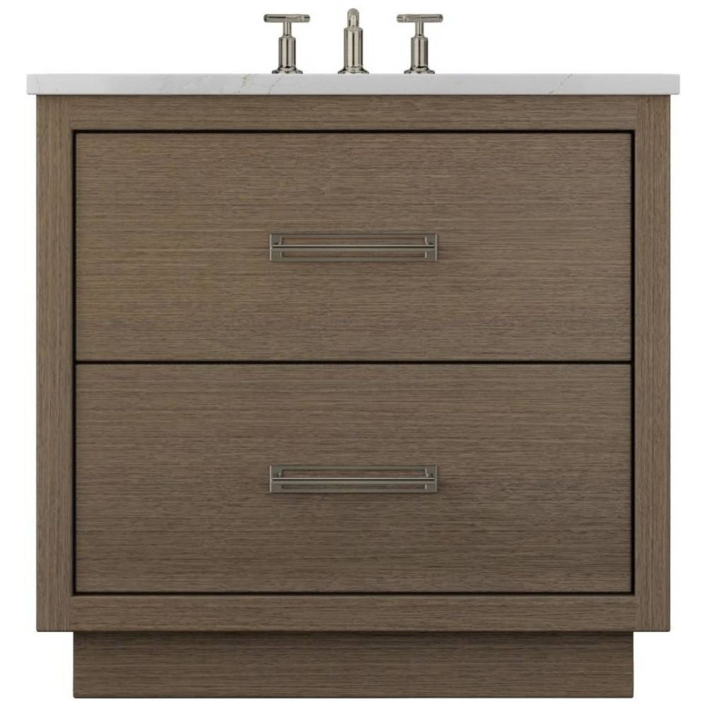 Bathroom vanity with two drawers and a white countertop on a white background