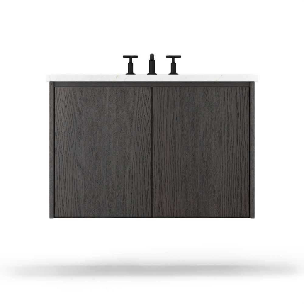 Dark wood cabinet with three black bottles on a white background