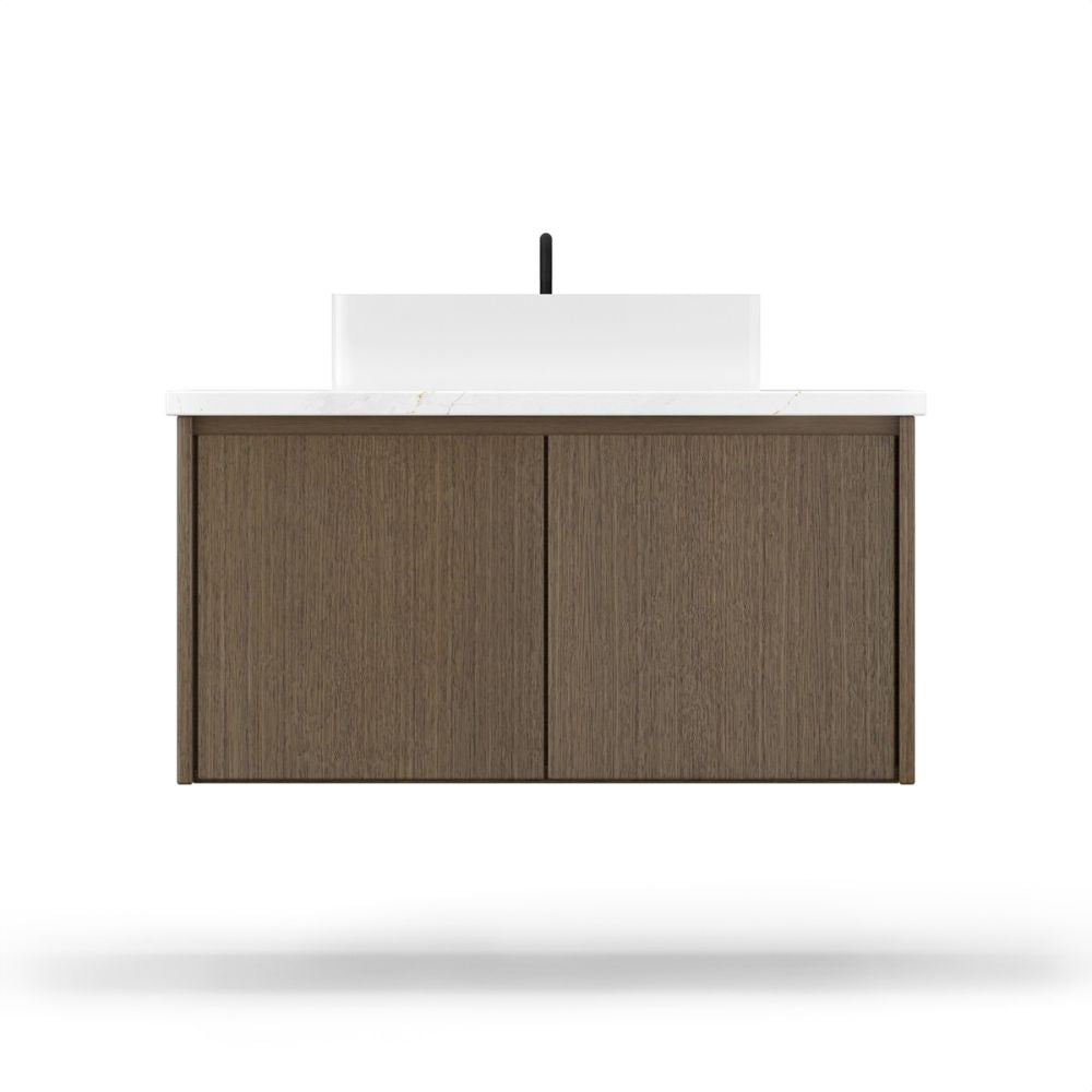 Bathroom vanity with wooden cabinets and a white countertop on a white background