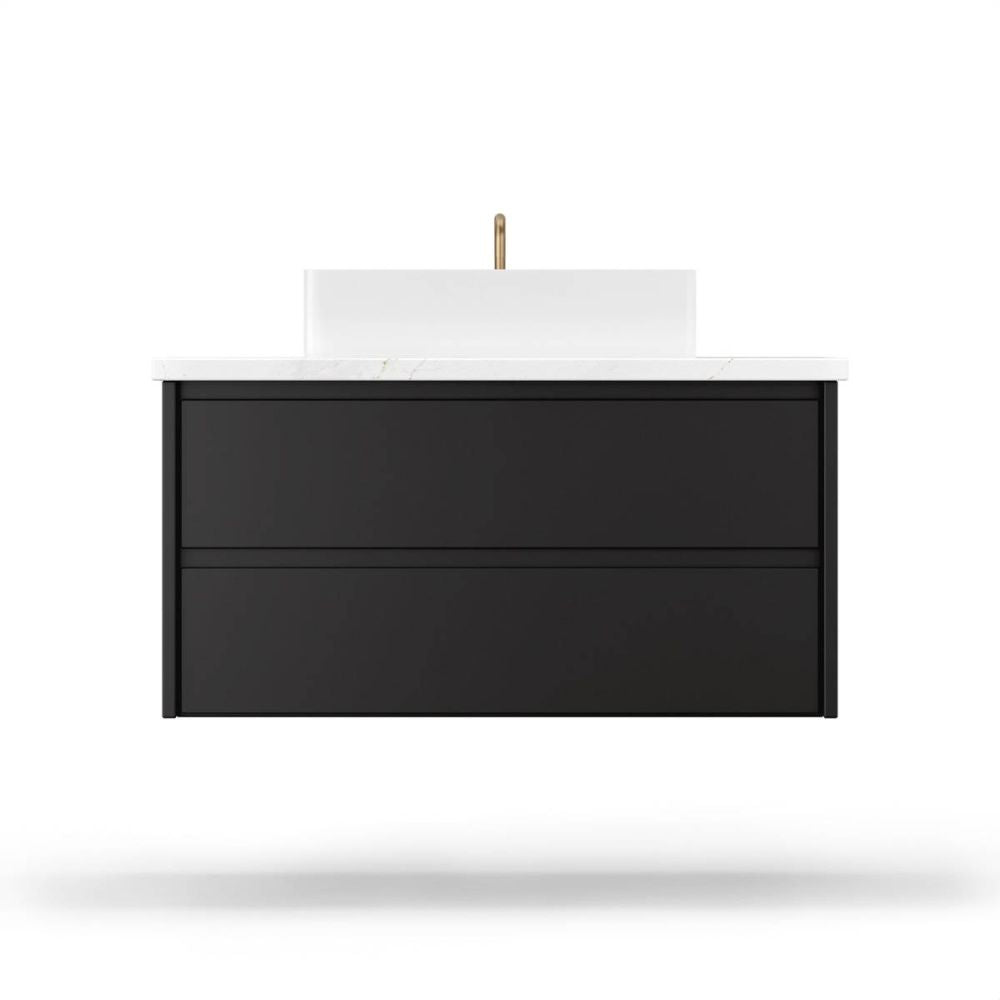 Black bathroom vanity with white countertop on a white background