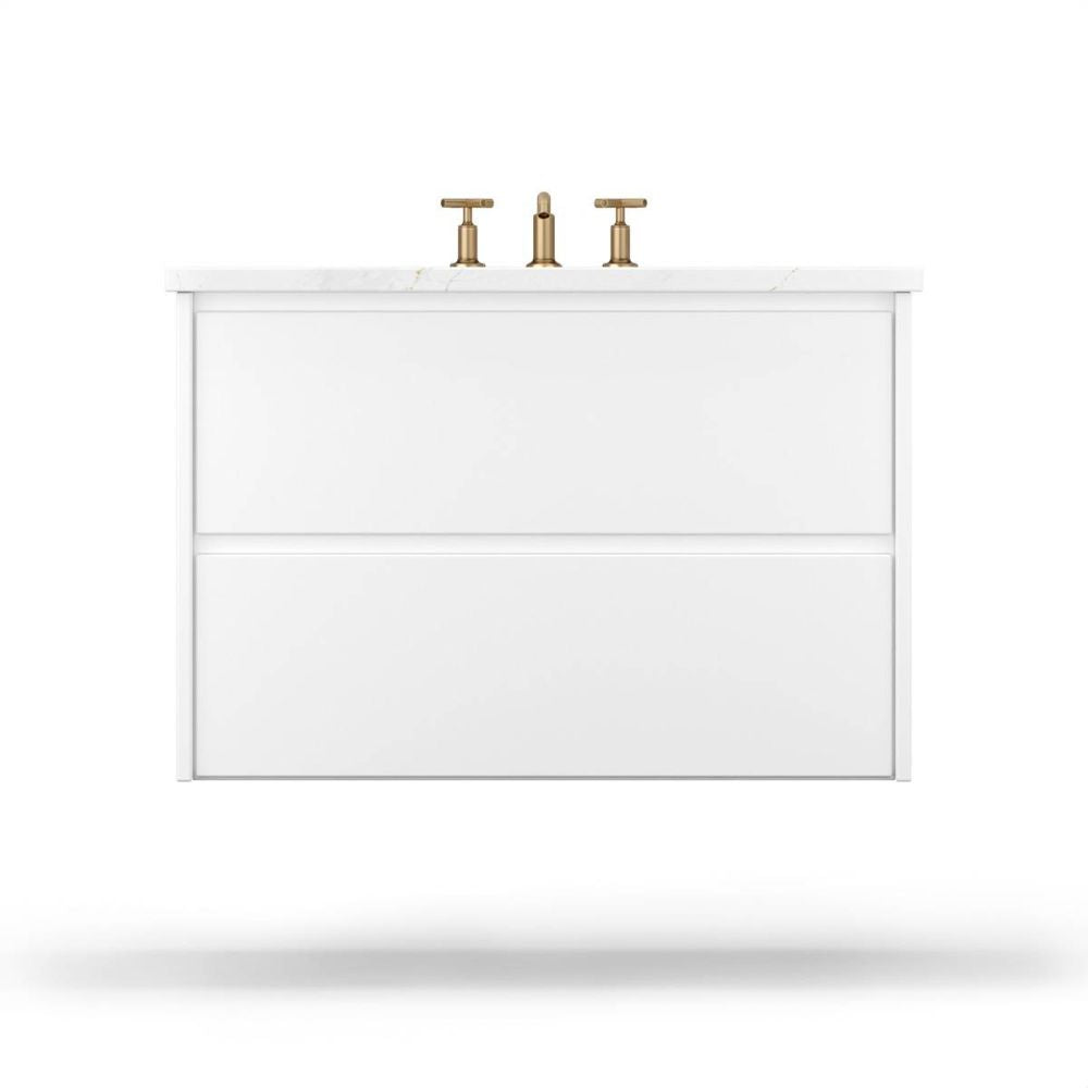 White bathroom vanity with gold fixtures on a white background