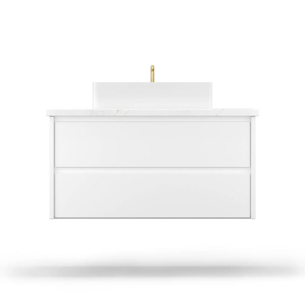 White bathroom vanity with a white countertop on a white background