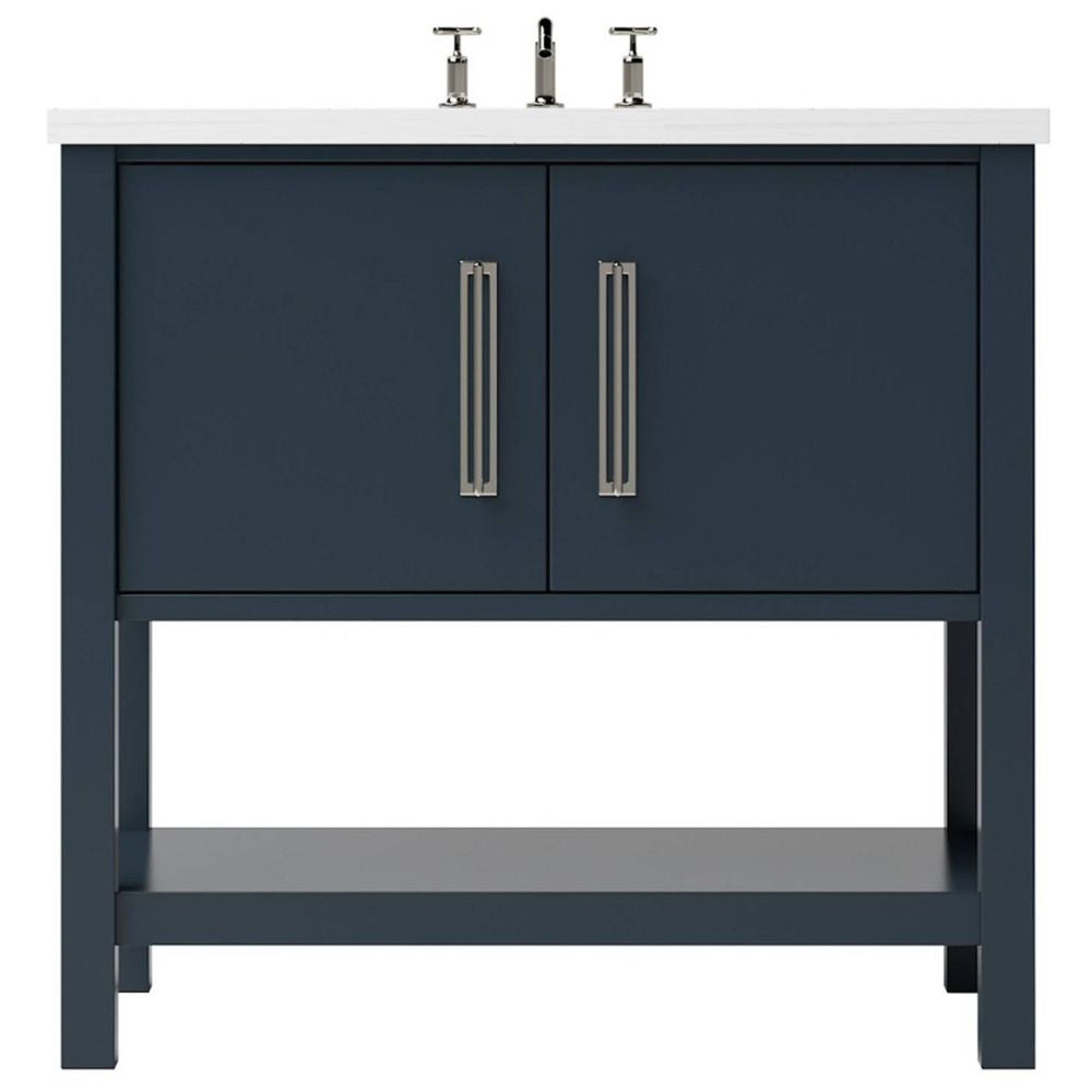 Blue bathroom vanity with white countertop and silver fixtures on a white background