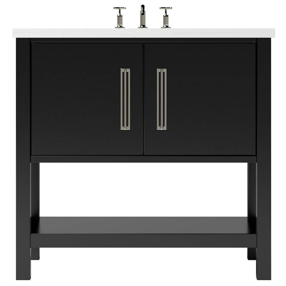 Black bathroom vanity with gold handles on a white background