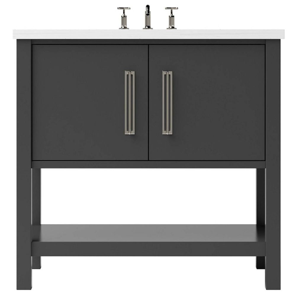 Gray bathroom vanity with white countertop and silver fixtures on a white background