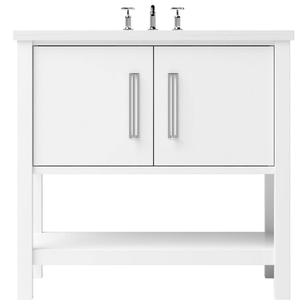 White bathroom vanity with gold handles on a white background