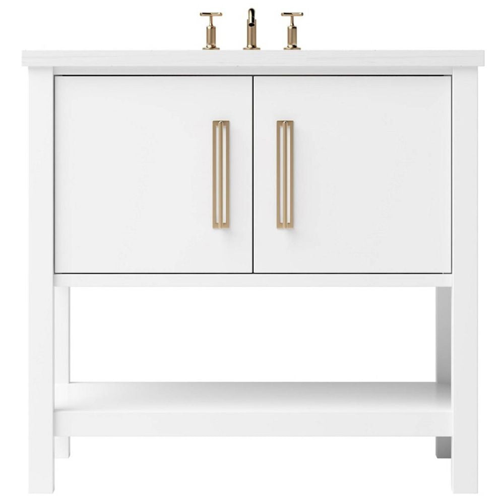 White bathroom vanity with gold handles on a white background
