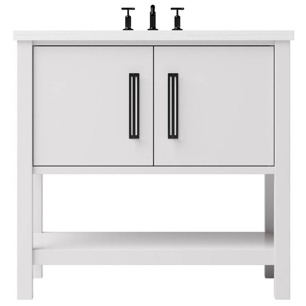 White bathroom vanity with two doors and a shelf on a white background