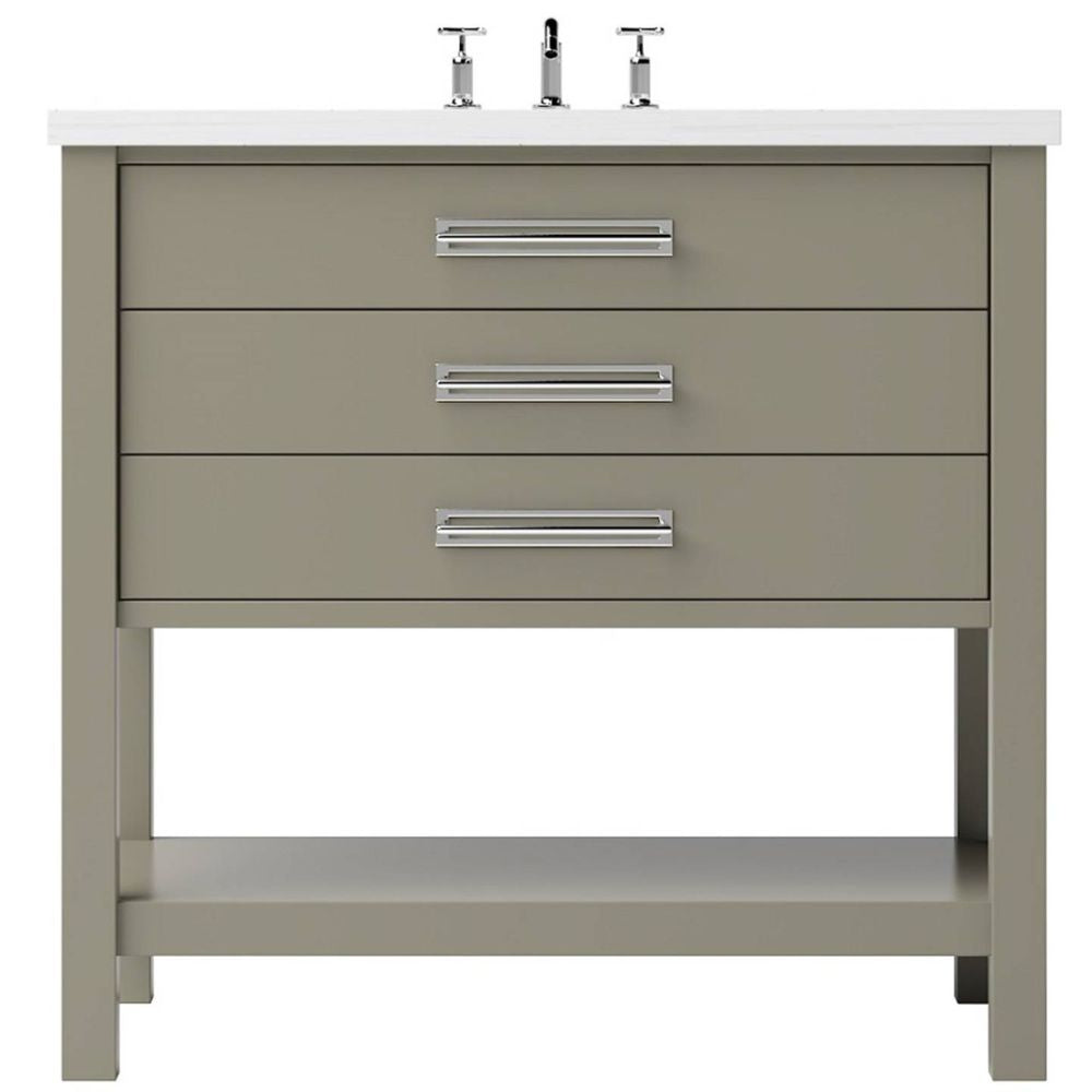 Gray bathroom vanity with white countertop and silver fixtures on a white background