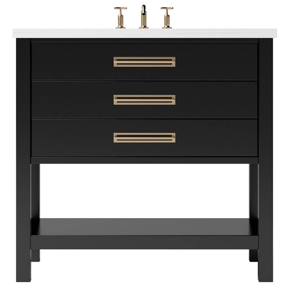 Black bathroom vanity with gold handles on a white background