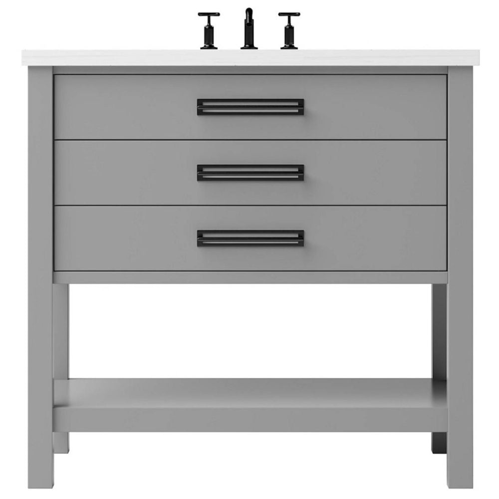 Bathroom vanity with two doors, gold handles, and a white countertop on a white background