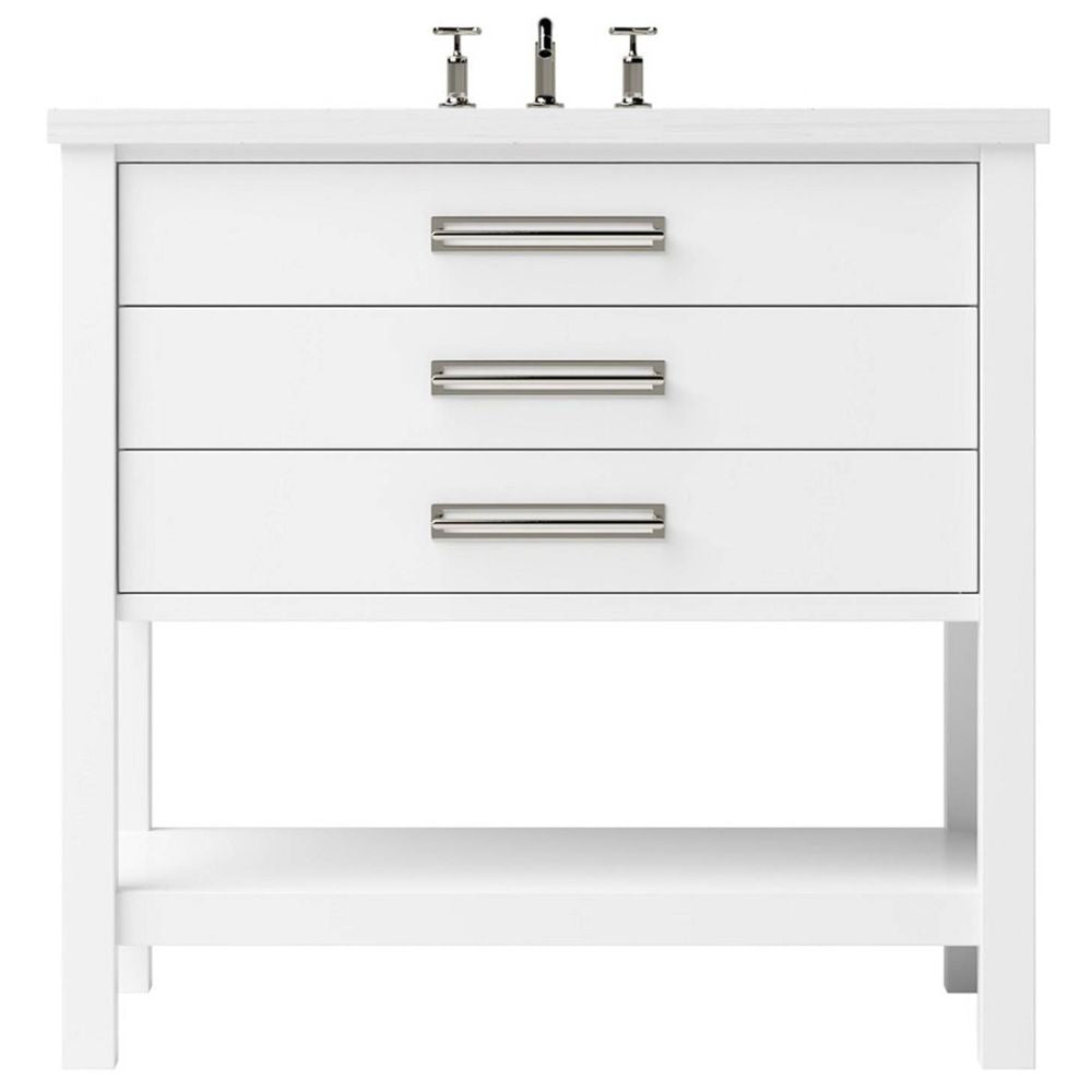 White bathroom vanity with three drawers and two faucet holes on a white background