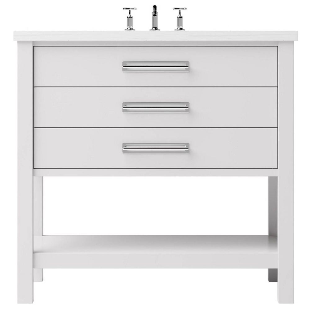 White bathroom vanity with two drawers and a shelf on a white background