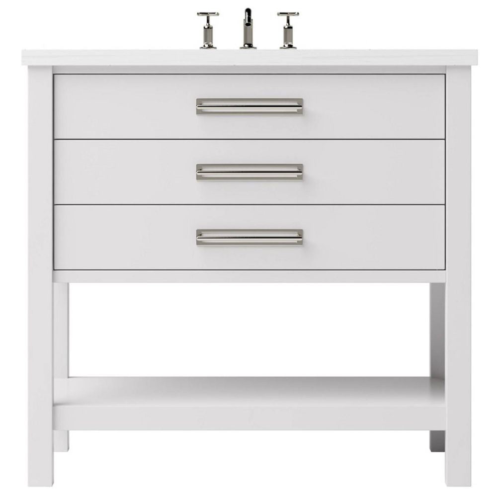 White bathroom vanity with three drawers and two faucet holes on a white background