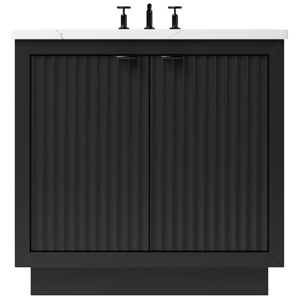 Black bathroom vanity with white countertop and black fixtures on a white background