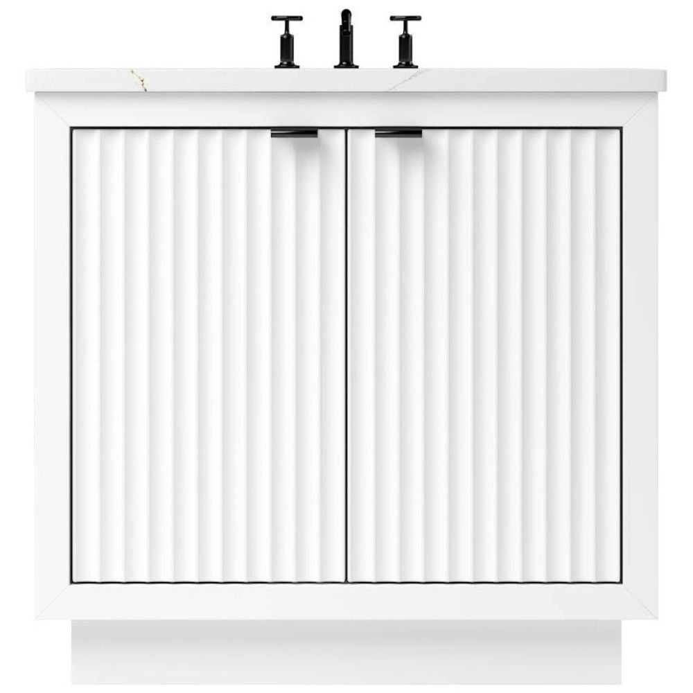 White bathroom vanity with two doors and a faucet on a white background