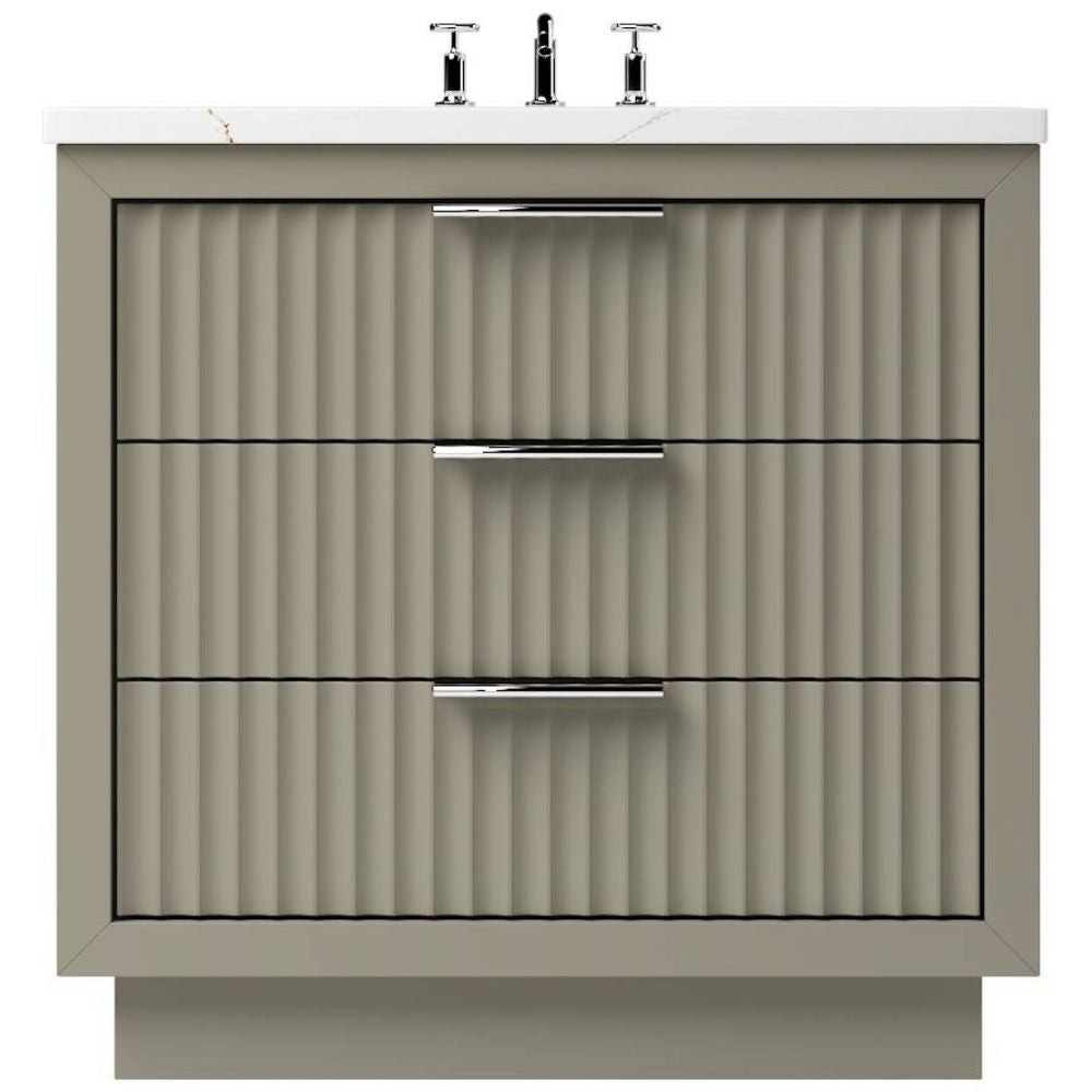 Bathroom vanity with three drawers and a white countertop.