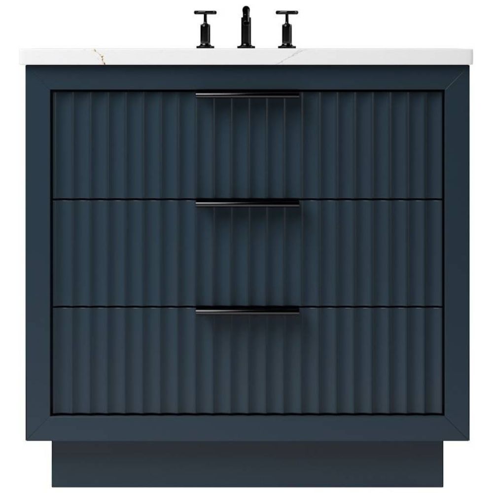 Bathroom vanity with three drawers and a white countertop on a white background