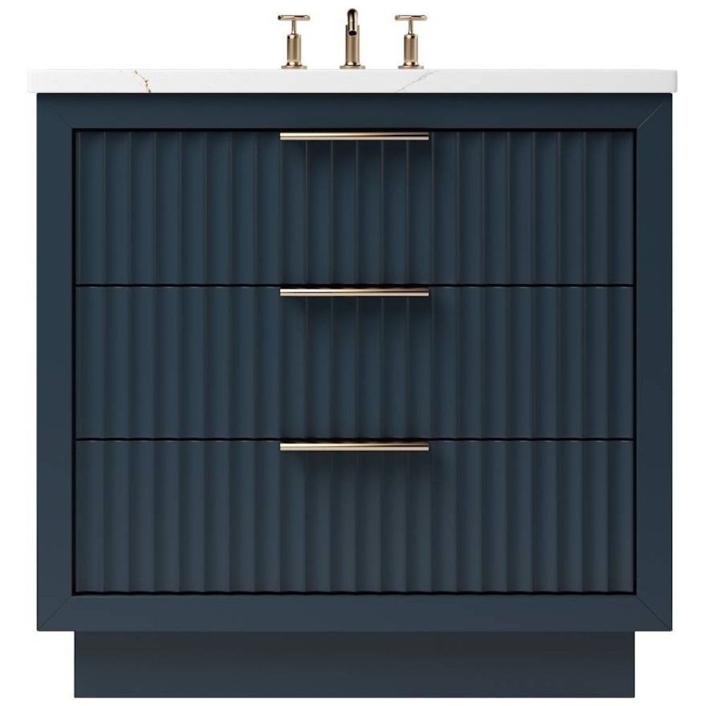 Blue vanity with textured design and gold fixtures on a white background