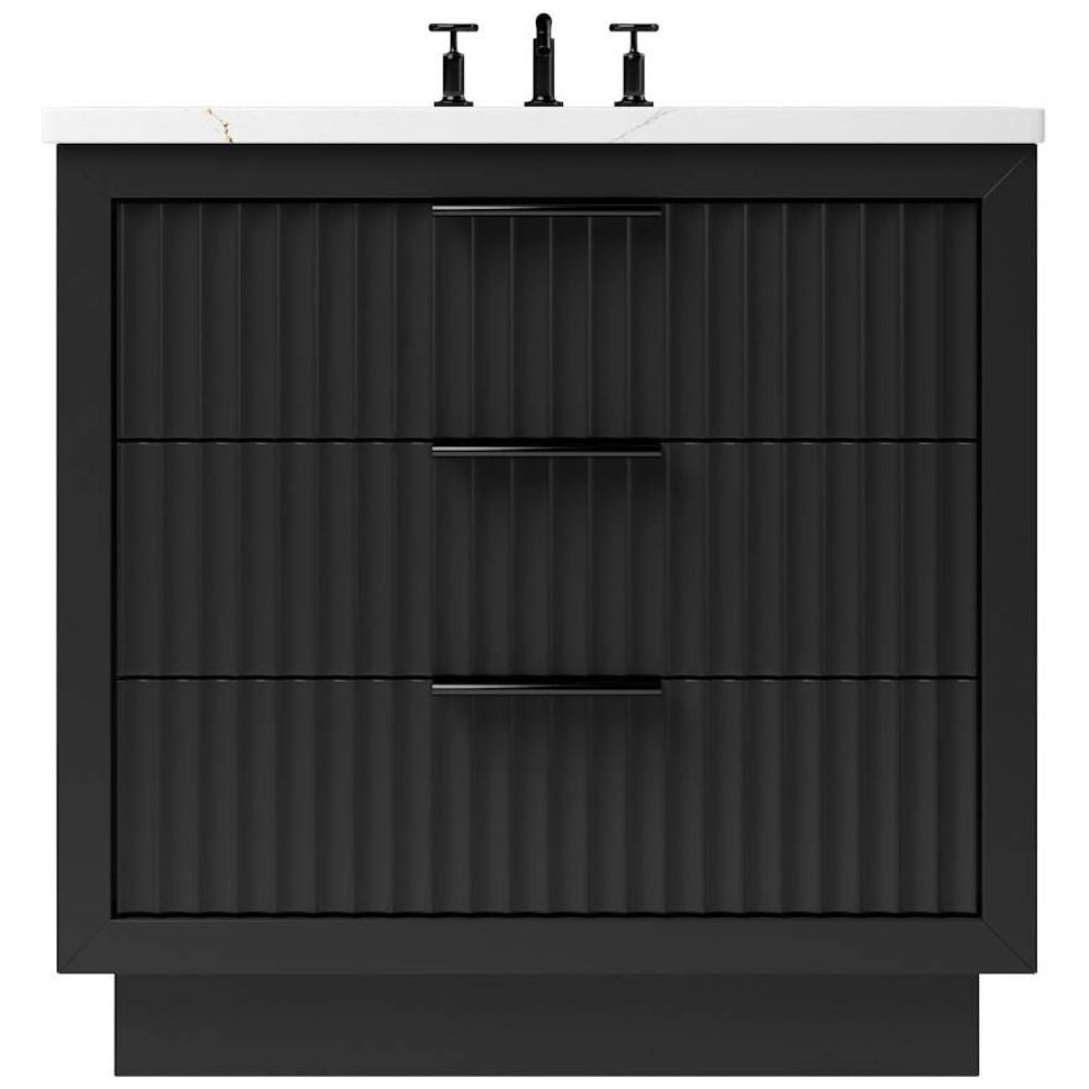 Black ribbed vanity with white countertop and black fixtures on a white background