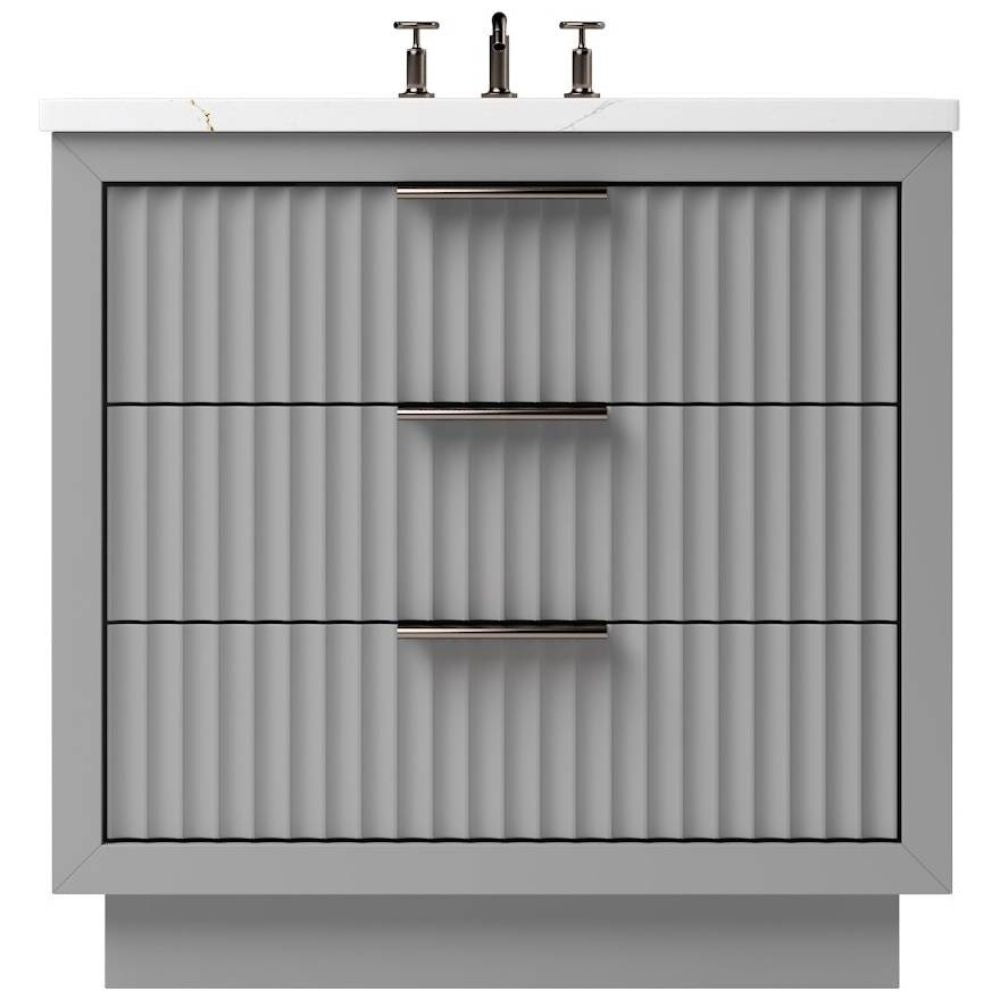 Bathroom vanity with textured gray finish and white countertop