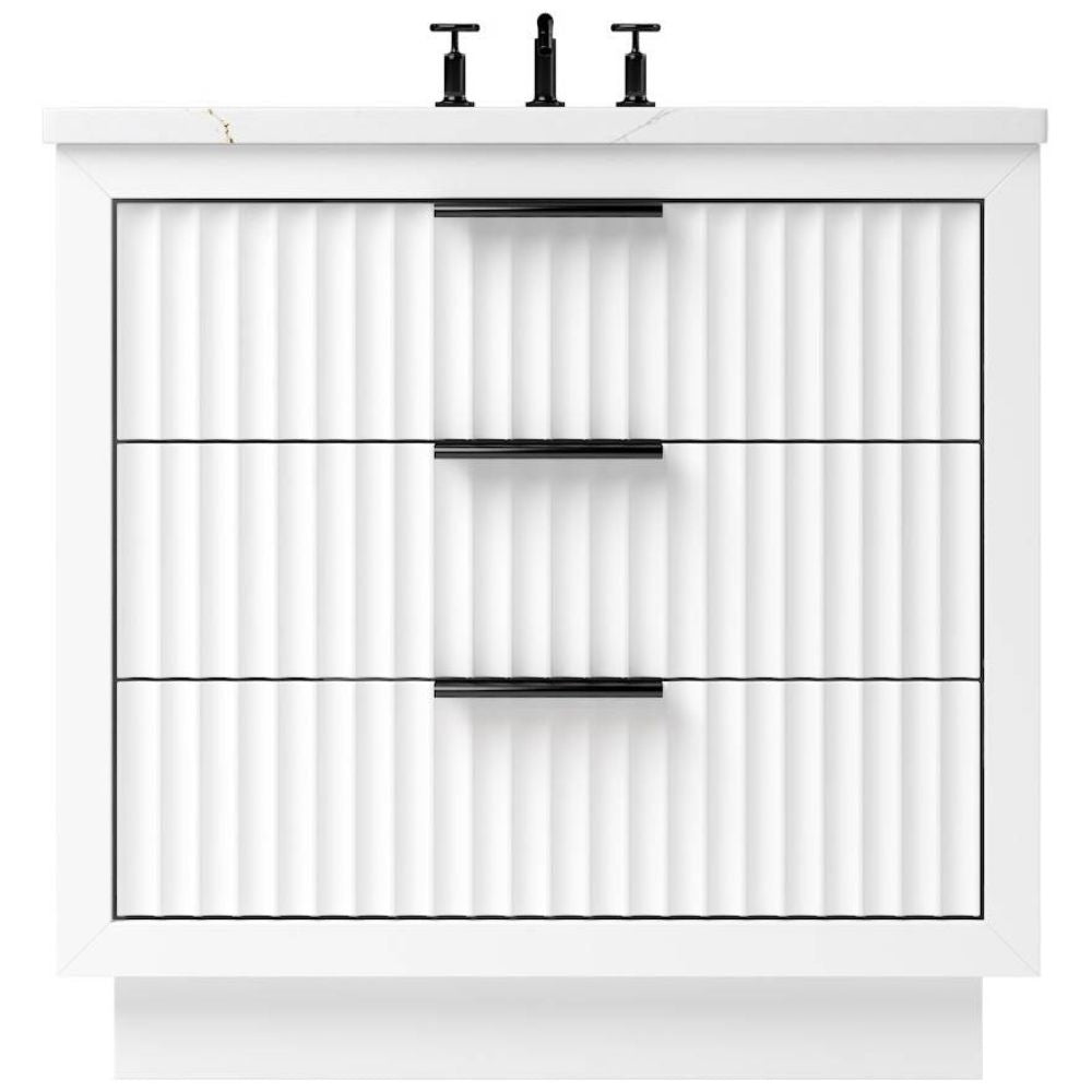 Bathroom vanity with white countertop and black fixtures on a white background