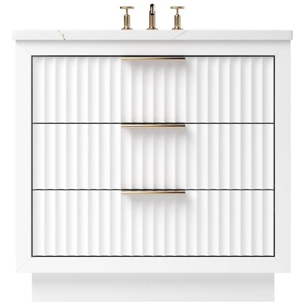 Bathroom vanity with white countertop and gold fixtures on a white background