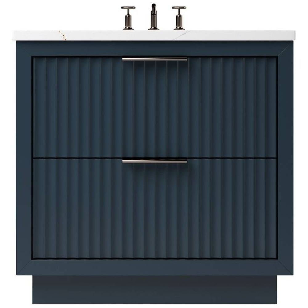 Blue vanity unit with two drawers and a white countertop on a white background