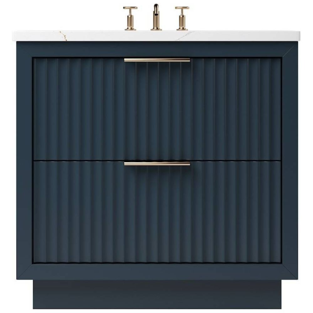 Blue bathroom vanity with white countertop, gold fixtures on a white background