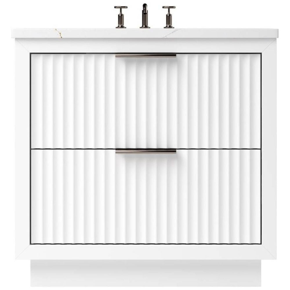 White bathroom vanity with a rectangular mirror and two faucets.