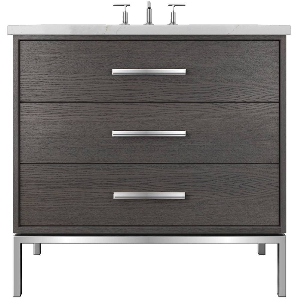 Gray wooden vanity with three drawers and a white countertop on a white background