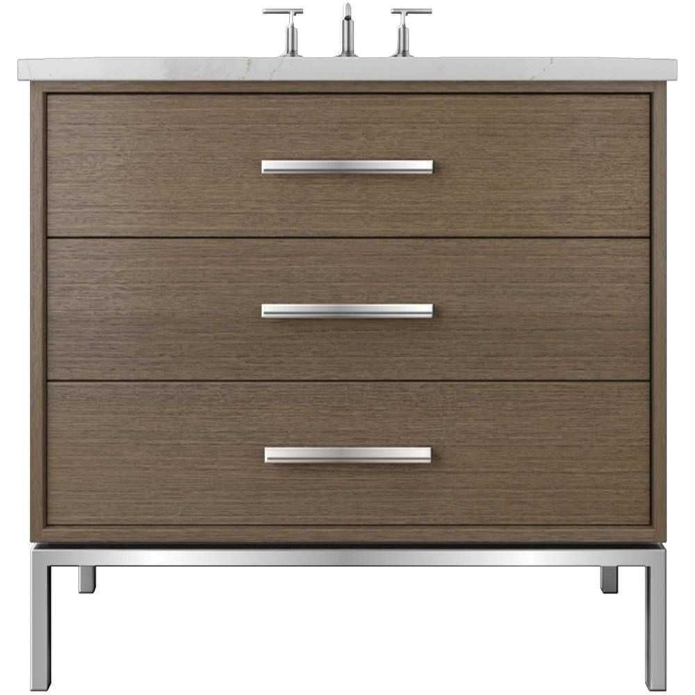 Wooden bathroom vanity with three drawers and a white countertop on a white background