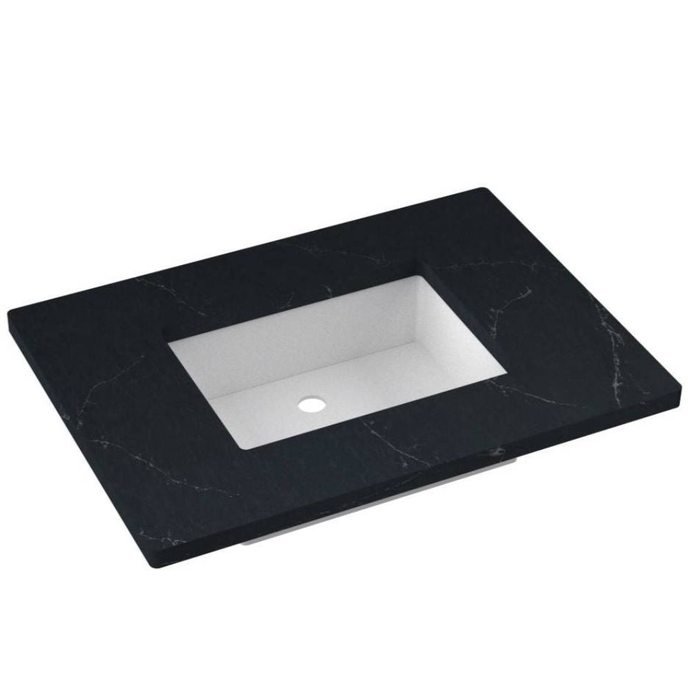 Black marble countertop with a white undermount sink on a white background