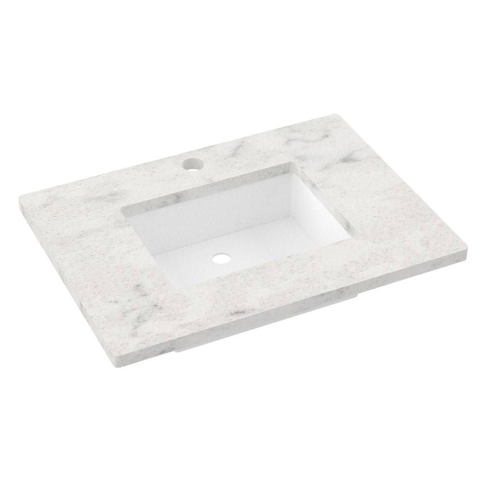 White marble vanity top with integrated sink on a white background