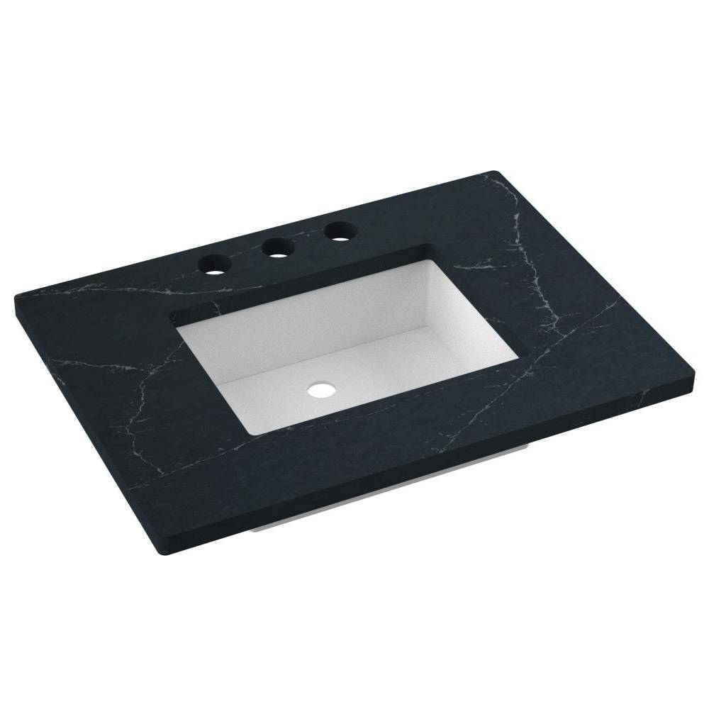 Black marble vanity top with white basin on a white background