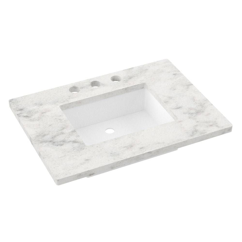 Marble bathroom vanity top with three holes on a white background
