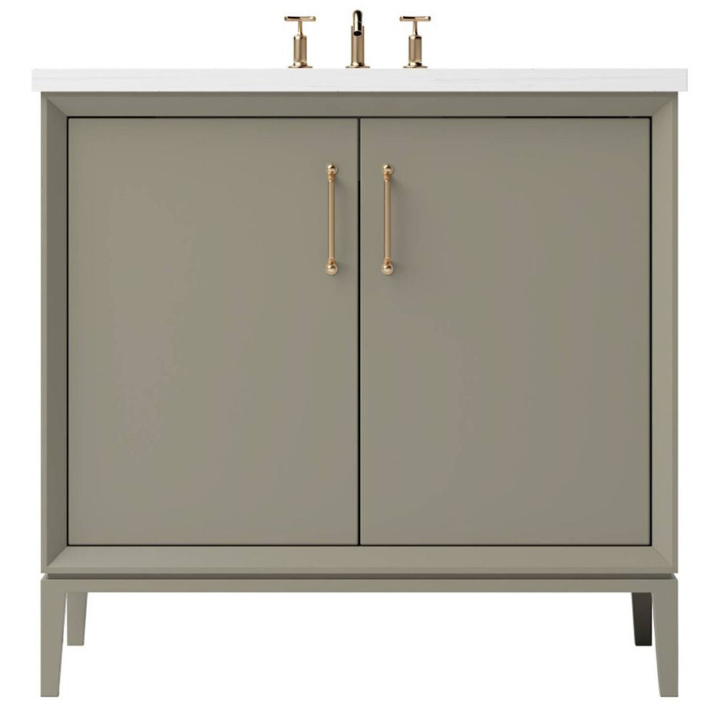 Bathroom vanity with two doors, gold handles, and a white countertop on a white background