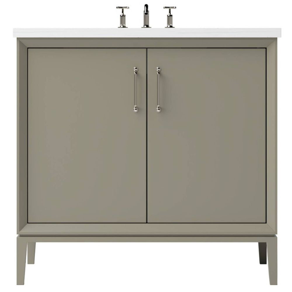 Bathroom vanity with two doors, gold handles, and a white countertop on a white background