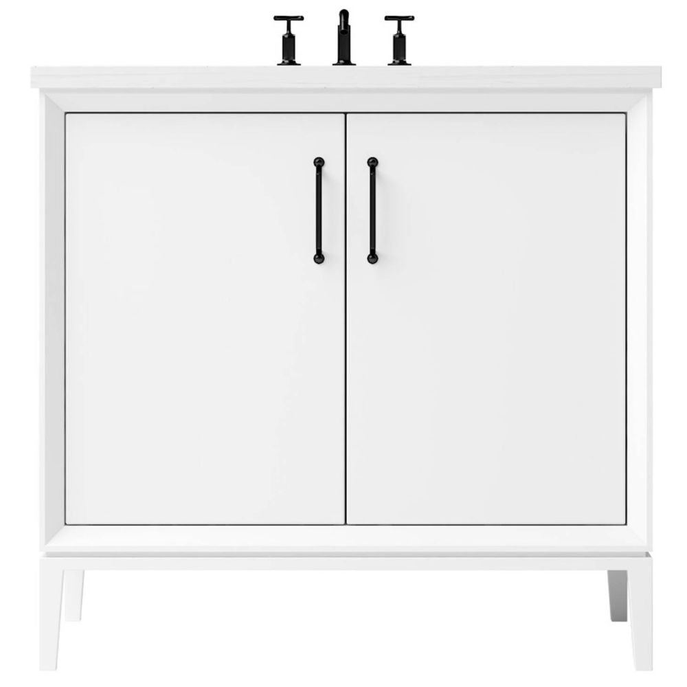 White bathroom vanity with black handles on a white background