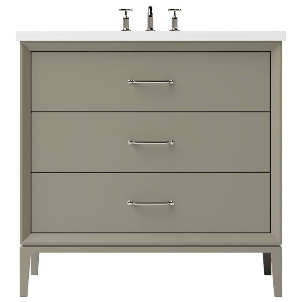 Gray bathroom vanity with three drawers and a white countertop on a white background