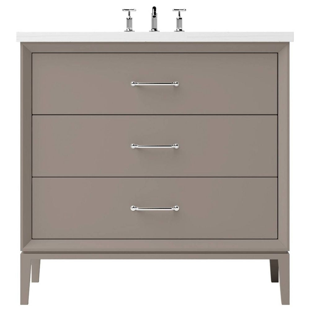 Gray bathroom vanity with three drawers and a white countertop on a white background