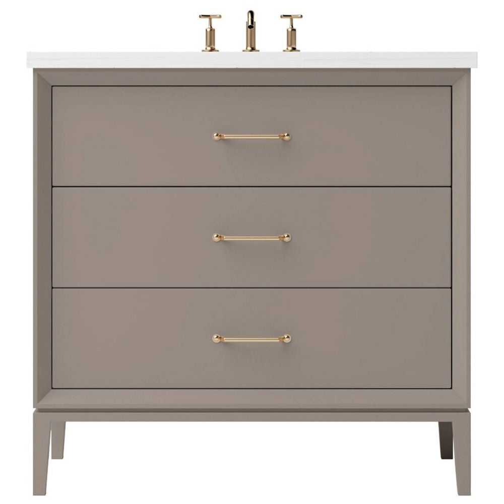 Gray bathroom vanity with three drawers and gold handles on a white background