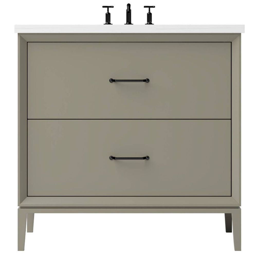 Bathroom vanity with two drawers and a white countertop on a white background