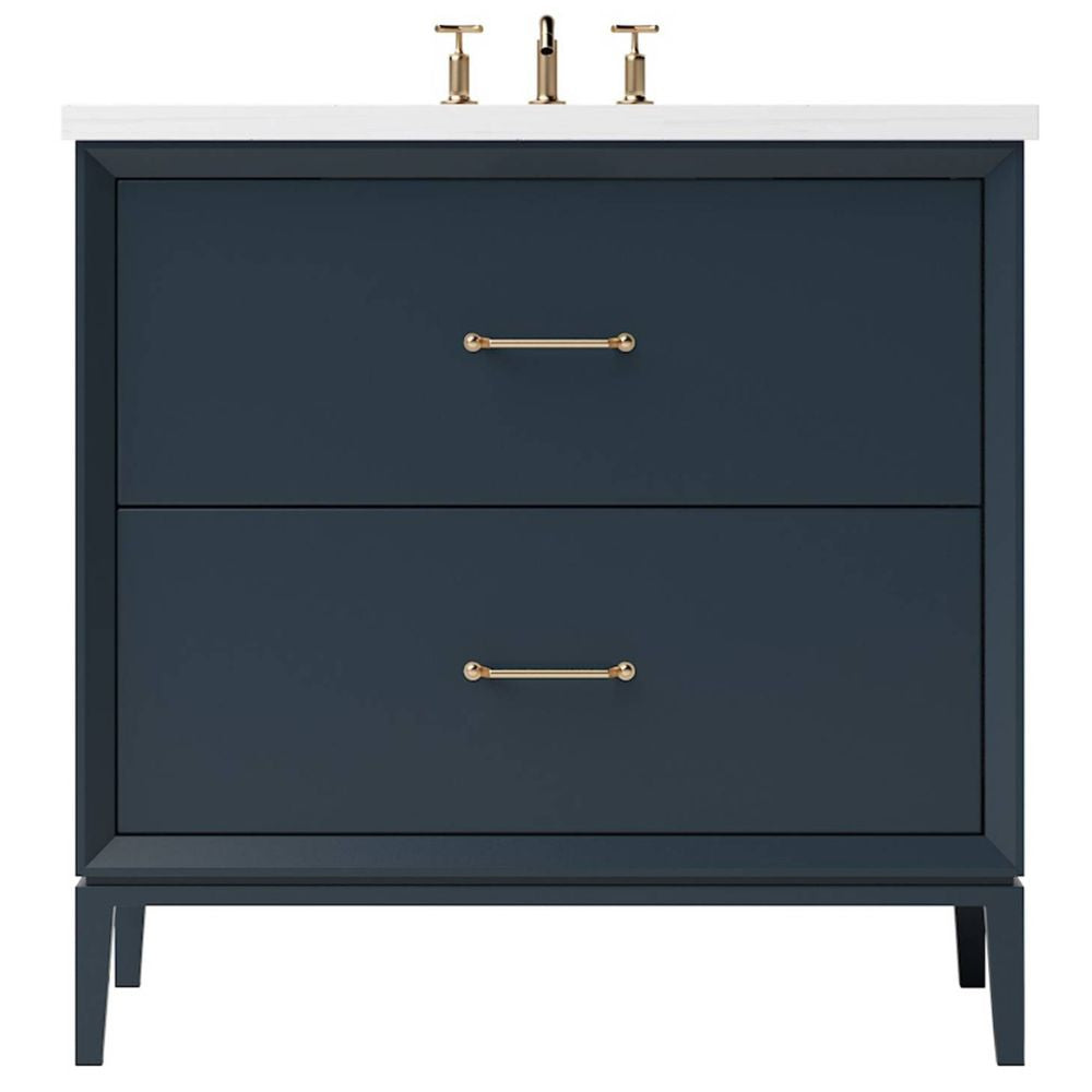 Blue vanity with white countertop and gold fixtures on a white background