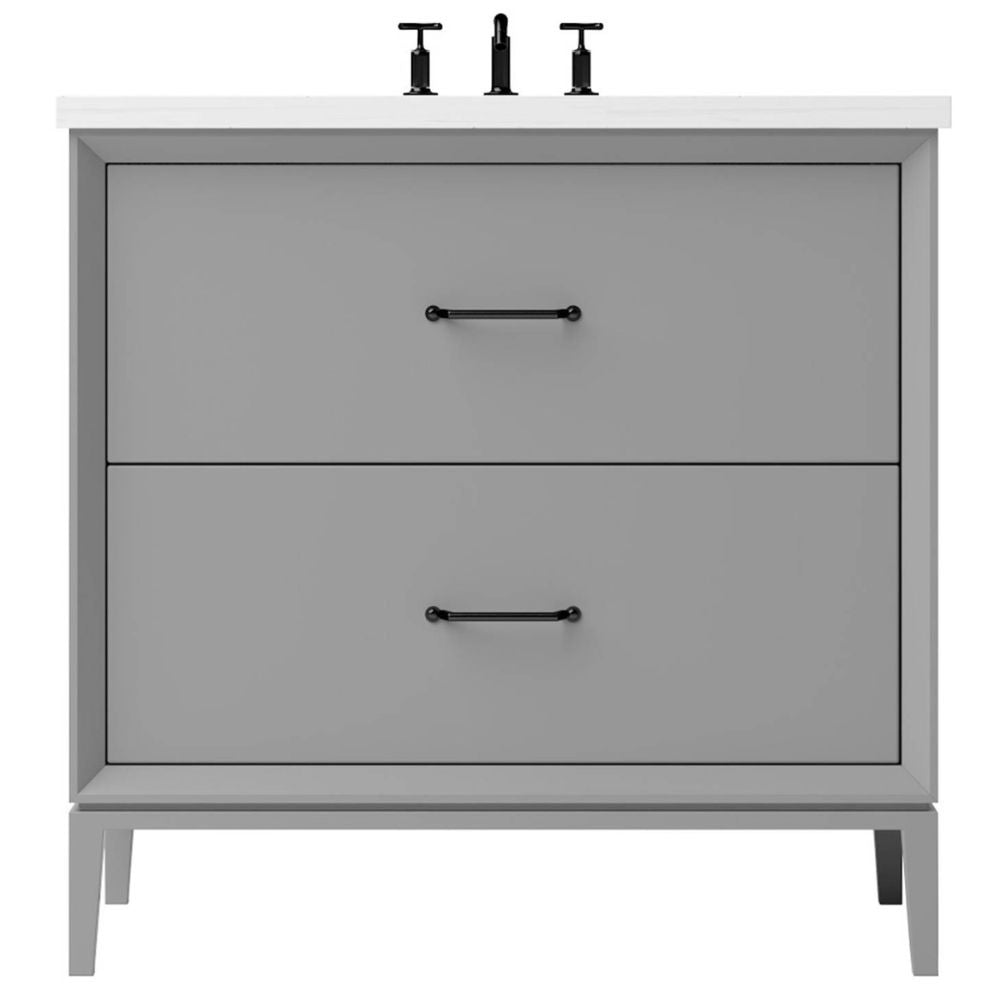 Gray bathroom vanity with two drawers and a white countertop on a white background