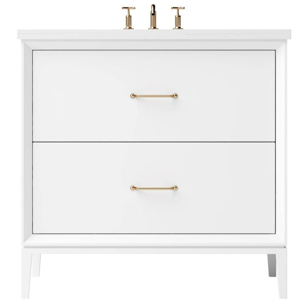 White bathroom vanity with gold fixtures on a white background