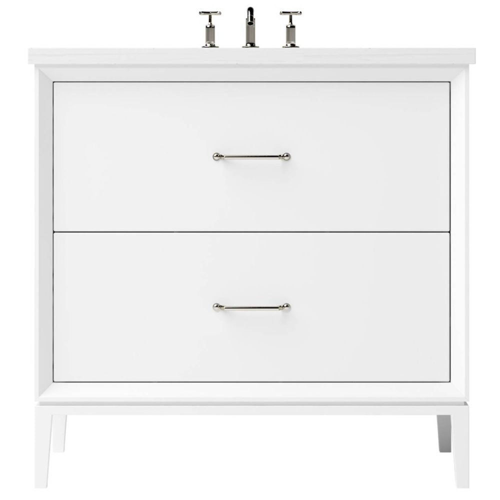White bathroom vanity with two drawers and faucet on a white background