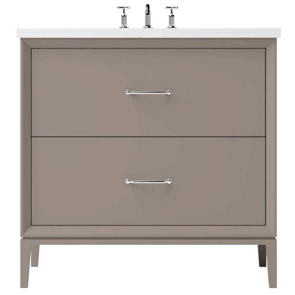Gray bathroom vanity with two drawers and a white countertop on a white background