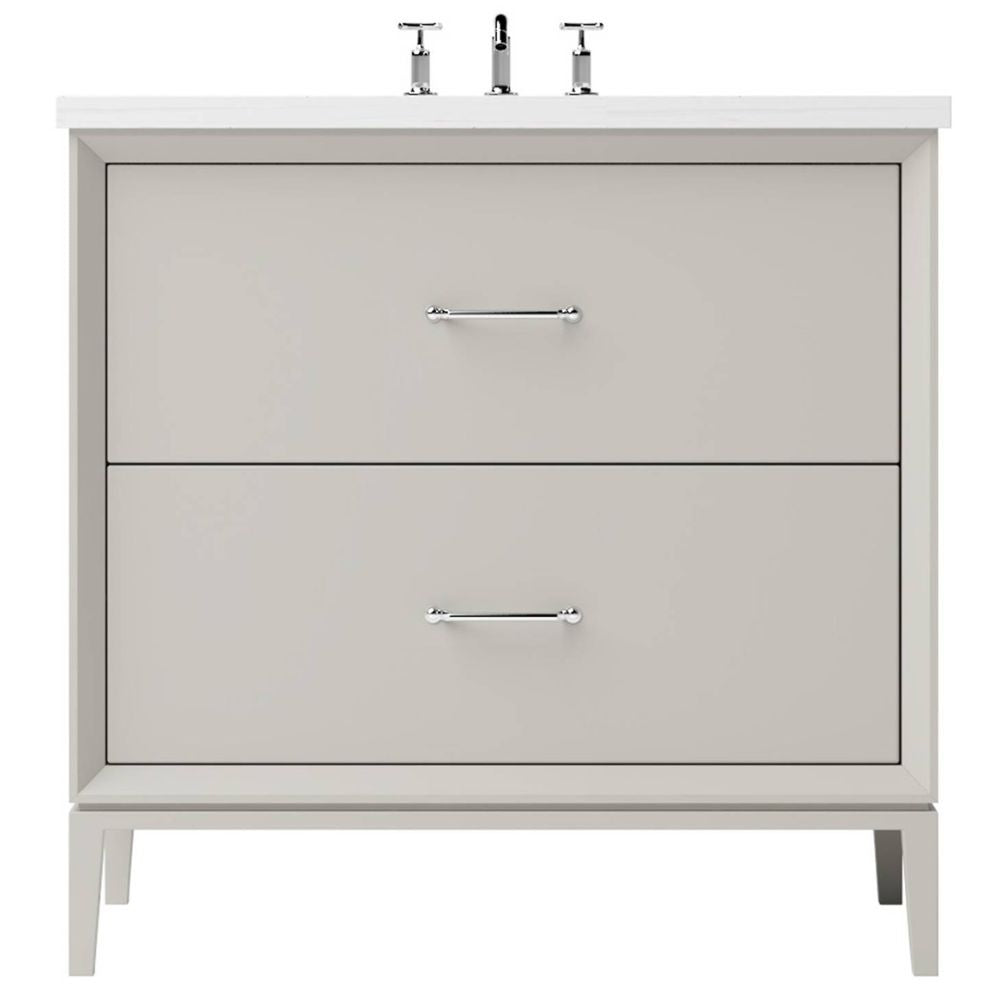 Gray bathroom vanity with white countertop and silver fixtures on a white background