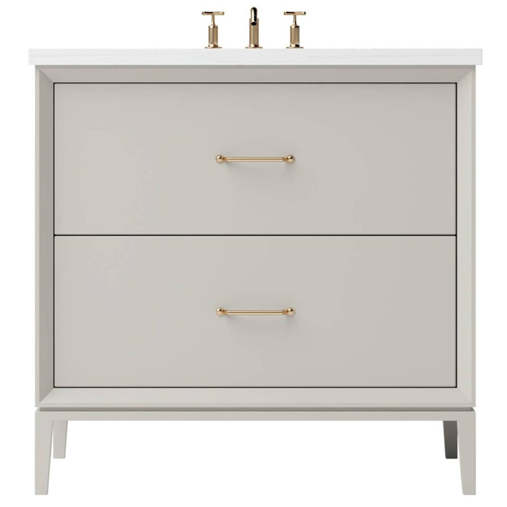 Gray bathroom vanity with gold handles on a white background